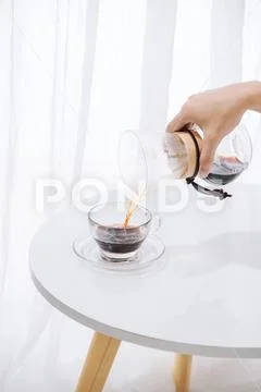 Brewing nel drip coffee. Step by step cooking instructions. Coffee is ready. Stock Photos