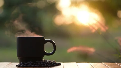 Brewing Serenity Coffee Cup with Beans Nature Still Life Sunset Close-up Tra Stock Footage 297192798