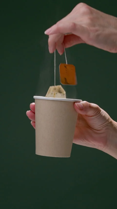 Brewing a tea bag in an eco-friendly paper cup. Vertical. Close-up. Stock Footage 308485571