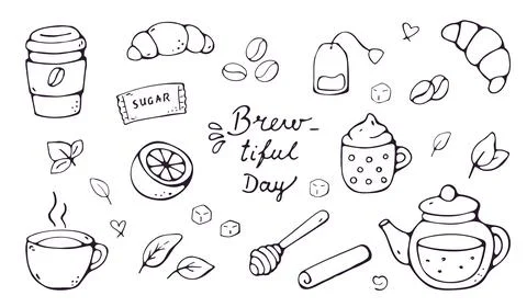 Brewtiful Day Cafe Doodle Set with Lettering Stock Illustration