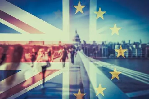 Brexit concept - double exposure of flags and people walking on Millenium Bri Stock Photos