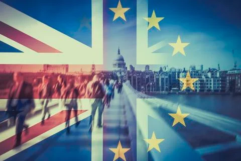 Brexit concept - double exposure of flags and people walking on Millenium Bri Stock Photos