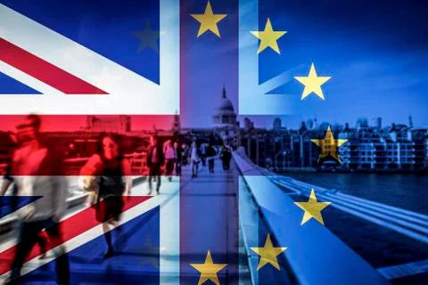 Brexit concept - double exposure of flags and people walking on Millenium Bri Stock Photos