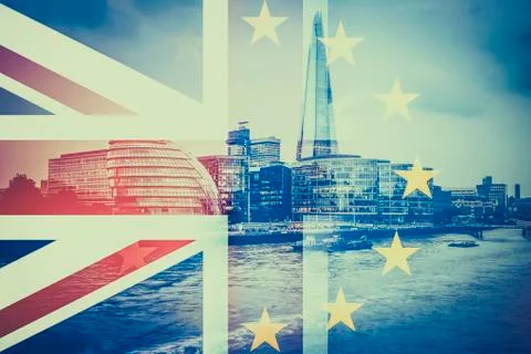 Brexit concept - double exposure of flags and London skyscrapers Stock Photos