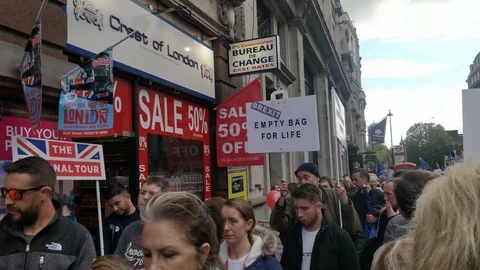 Brexit Empty Bag for Lif' - Protester at anti-Brexit march Stock Footage 118276882