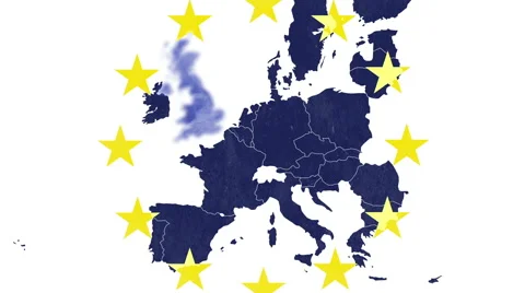 Brexit - EU textured map, white background and 12 symbolic stars, UK volatilizes Stock Footage 65295955