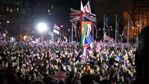Brexit Final Day crowd cheering Parliament Square.Leaving EU.United Kingdom Exit Stock Footage 123983098