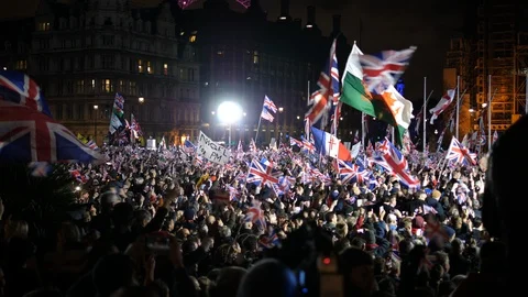 Brexit Final Day crowd gathering in Parliament Square. Leaving EU. UK Exiting Stock Footage 123984170