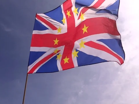 Brexit flag is waving in the sky Video stock 73939105