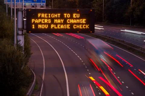 Brexit Freight UK Motorway Signage At Dawn Or Dusk Stock Photos