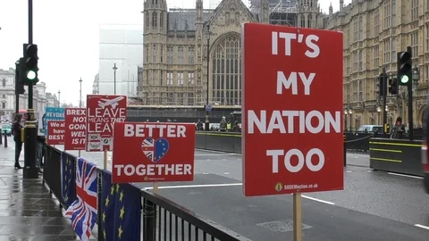 Brexit protest posters along railing outside Westminster. Video stock 109638712