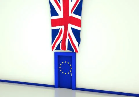 Brexit-themed 3D rendering of a room with a door with the EU and a UK flag hung Stock Illustration