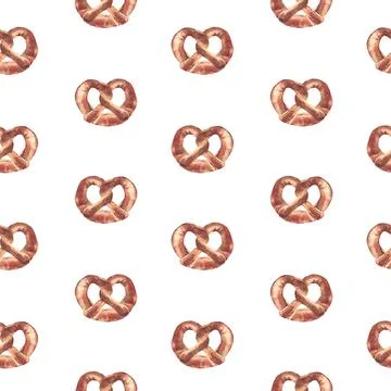 Brezel watercolor seamless pattern. German prezel Oktoberfest food design hand Stock Illustration