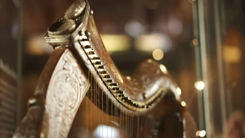 Brian Boru harp, Trinity College harp in Old Library, Trinity College, Dublin.  Stock Footage 222159520