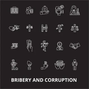 Bribery and corruption editable line icons vector set on black background Stock Illustration