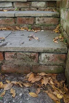 Brick and stone steps covered with fallen autumn leaves Stock Photos