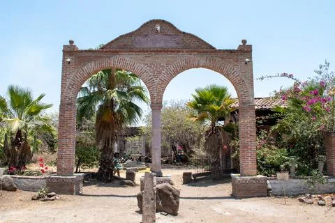 Brick arch structure in horizontal front view at Rafael Ramirez Museum in Cocula Stock Photos