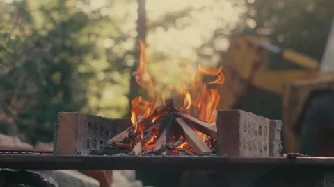 Brick BBQ alight, burning wood barbecue, camp fire outdoor cooking video Stock-Footage 287207665