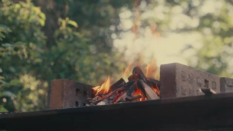 Brick BBQ alight, burning wood barbecue, camp fire outdoor cooking video Stock-Footage 287207695