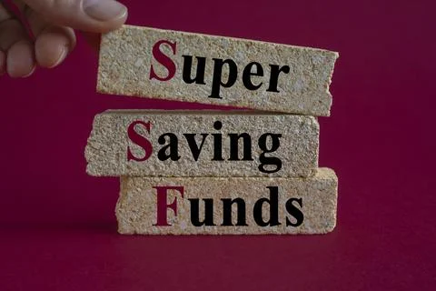 Brick blocks with Acronym of Super Saving Funds on red background Stock Photos