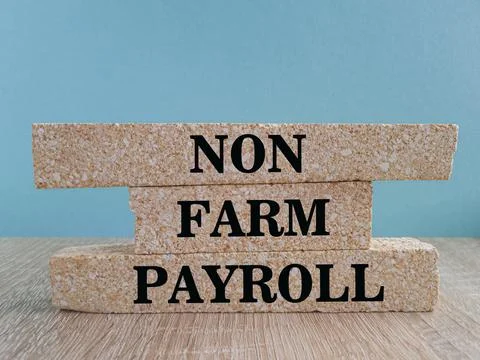 Brick blocks with text NON FARM PAYROLL. Beautiful blue background Foto stock