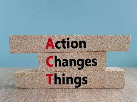 Brick blocks with words Action, Changes and Things. Foto stock