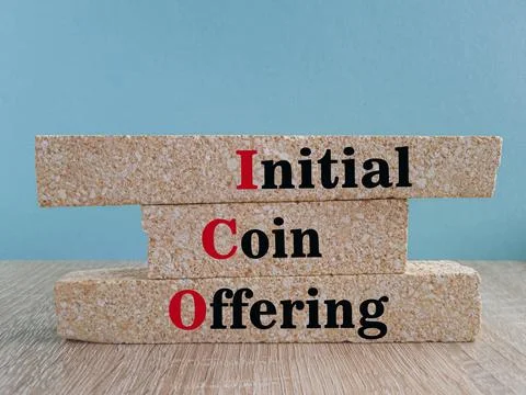 Brick blocks with words ICO initial coin offering Stock Photos