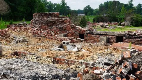 Brick building destroyed By fire damage Foto stock