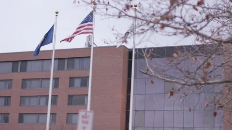 Brick building with a flag pole and a tree in front Stock Footage 106590684