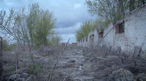 Brick Building Leftover Into the Wild. Empty House Ruins Without Roof. Tall Stock-Footage 68614113