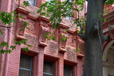 A brick building with a tree in front of it. in Chennai Stockfoto's