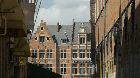 The brick buildings of Market Square seen from Hallestraat in Bruges Stock Footage 59667785