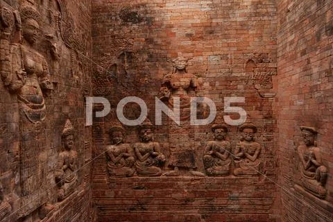 Brick carvings in Angkor Stock Photos