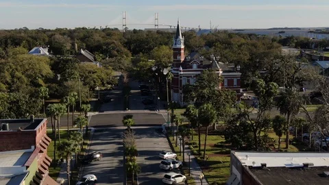Brick clock tower above a palm-lined square in Brunswick Vídeos de archivo 104614328