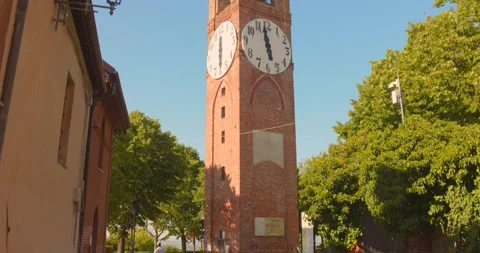 Brick Clock Tower and Leafy Square in Mondovi, Italy on a Bright Summer Day Stock Footage 341314644