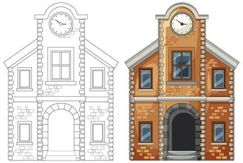 Brick Clock Tower Building Color and Line Art Illustration Stock-Illustration