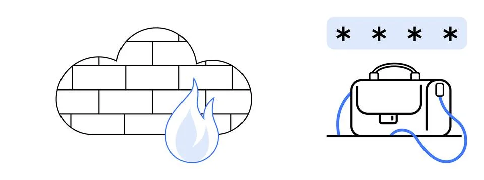 Brick cloud with flame, secure briefcase with password symbolizing firewalls, Illustrazione stock