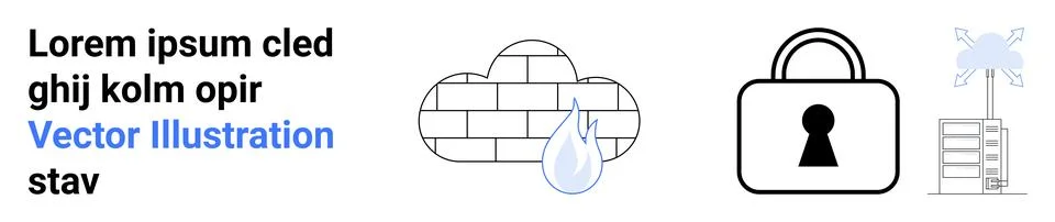 Brick cloud with water droplet, lock symbol, and building with wind turbine.  Ilustración de archivo