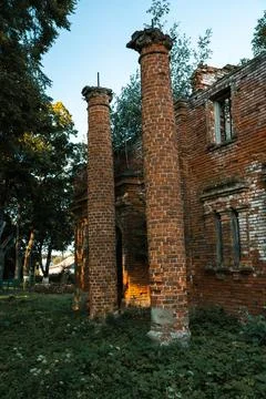 Brick columns in the old stable. 19th century buildings. Stock Photos