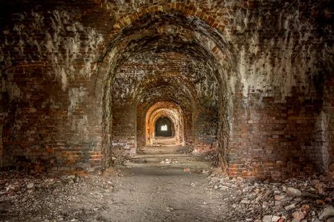 Brick corridor on the lower level in an old abandoned and decaying building Stock Photos