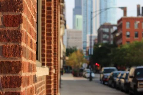Brick Facade with City in the Background Foto stock