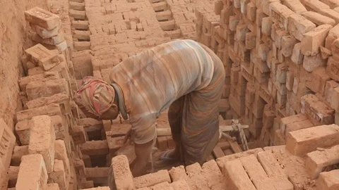 Brick field worker carrying complete finish brick Stock Footage 102578066
