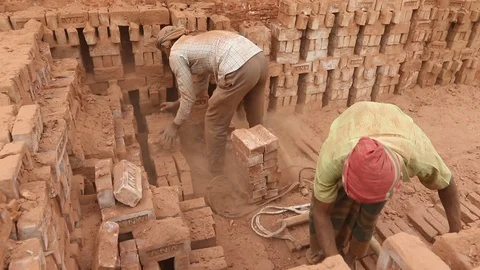 Brick field worker carrying complete finish brick Stock Footage 102579373