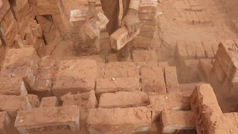Brick field worker carrying complete finish brick Stock Footage 102579516