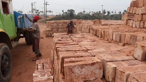 Brick field worker carrying complete finish brick Video stock 102579677