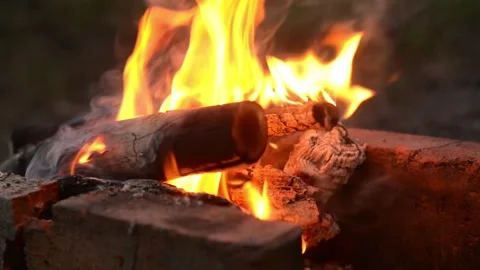 Brick Fire Pit Campfire Burning Logs and Smoke in Close-up Stock Footage 341878217