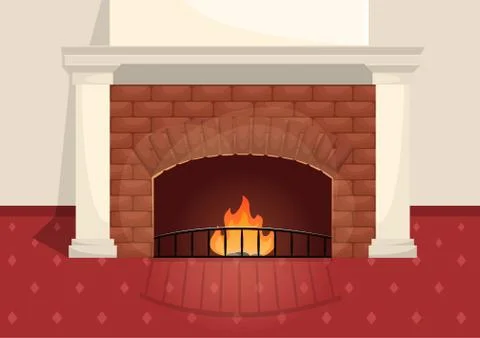 Brick fireplace in classic interior with white decorative elements. Stock Illustration