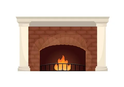 Brick fireplace in classic style with white decorative elements. 스톡 일러스트