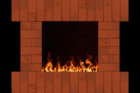 Brick fireplace with flame. Illustrazione stock