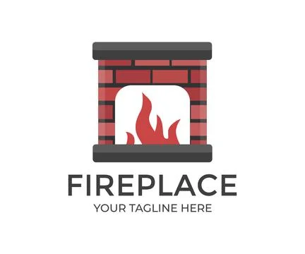 A brick fireplace in which a fire burns logo design. Stock Illustration